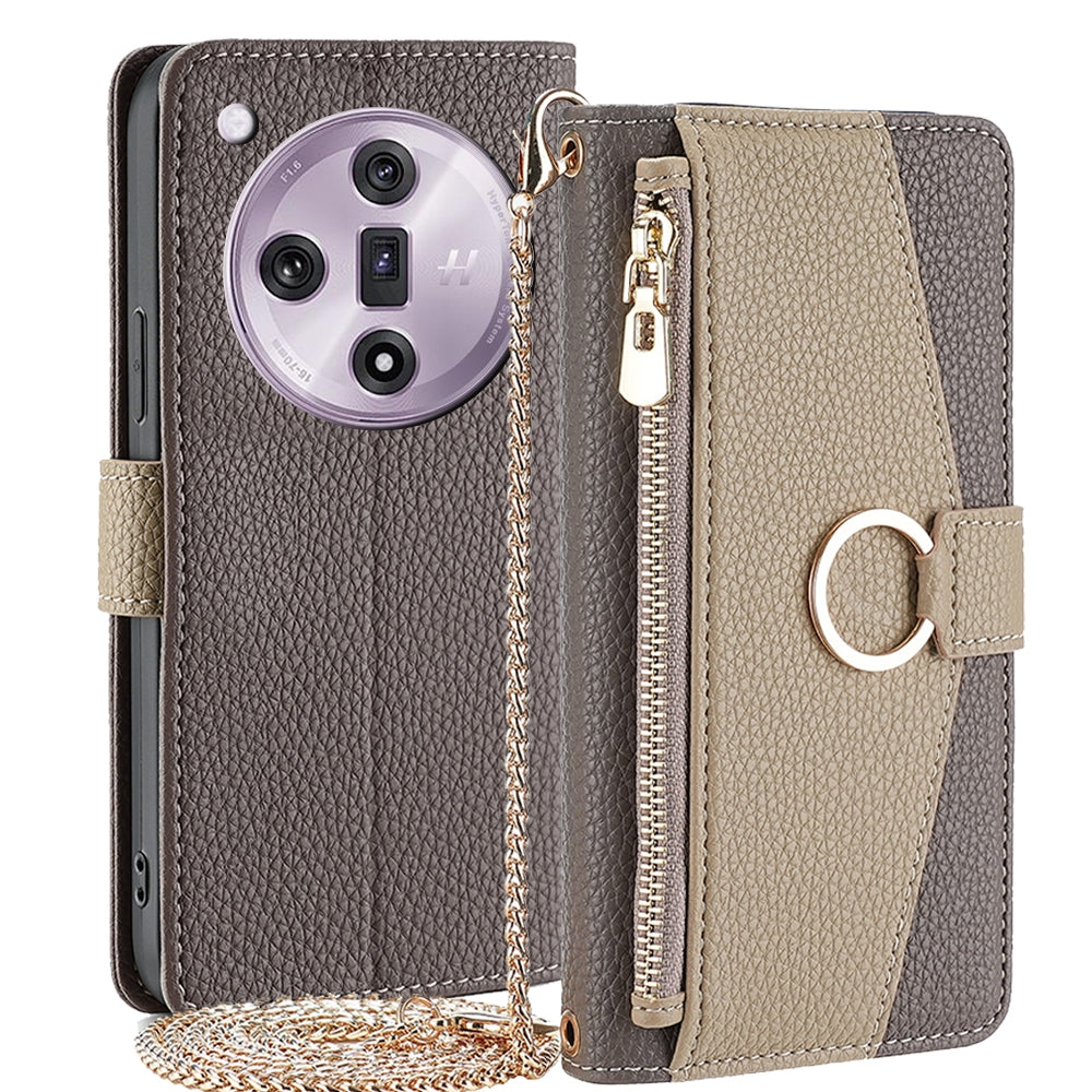 OPPO Find X7 5G Crossbody Phone Case with Litchi Texture Leather, Adjustable Kickstand, Card Slots, Zipper Purse, Makeup Mirror, and TPU Protection