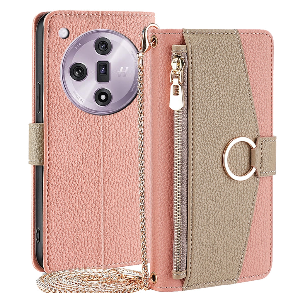 OPPO Find X7 5G Crossbody Phone Case with Litchi Texture Leather, Adjustable Kickstand, Card Slots, Zipper Purse, Makeup Mirror, and TPU Protection