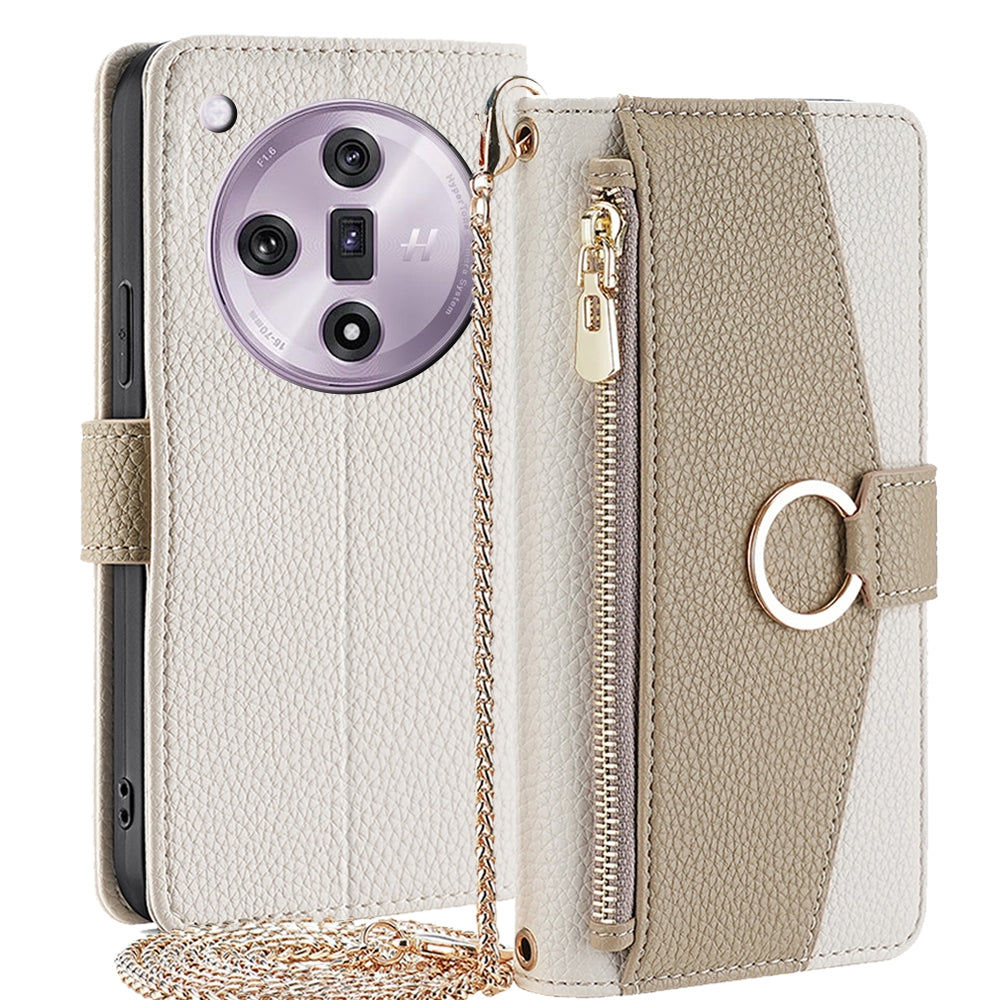OPPO Find X7 5G Crossbody Phone Case with Litchi Texture Leather, Adjustable Kickstand, Card Slots, Zipper Purse, Makeup Mirror, and TPU Protection