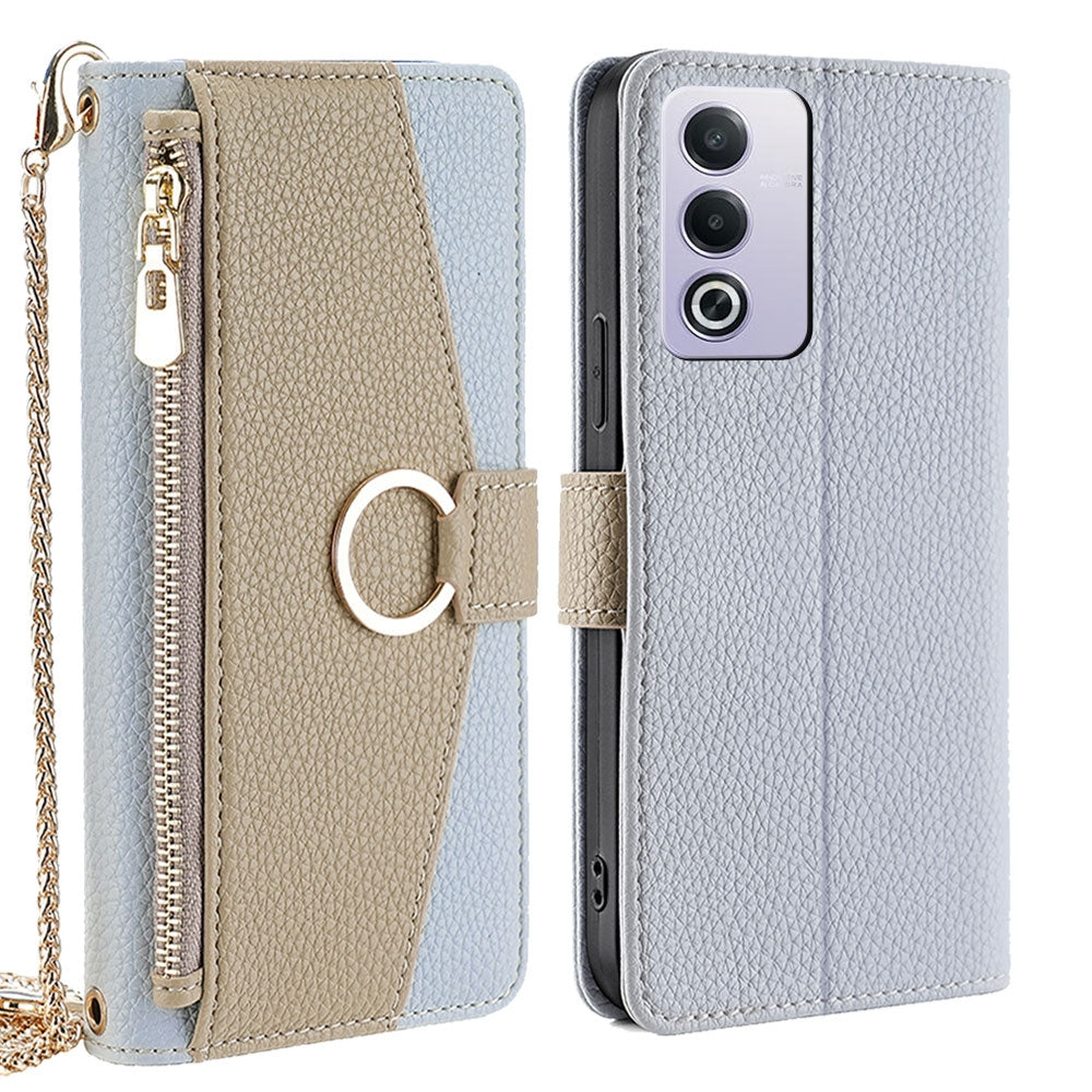 OPPO A3 Pro 5G India Crossbody Phone Case with Litchi Texture Leather, Adjustable Kickstand, Card Slots, Zipper Purse, Makeup Mirror, and TPU Protection