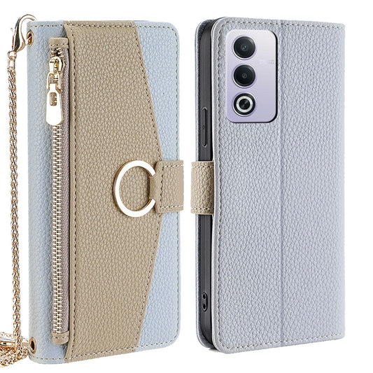 OPPO A3 Pro 5G India Crossbody Phone Case with Litchi Texture Leather, Adjustable Kickstand, Card Slots, Zipper Purse, Makeup Mirror, and TPU Protection
