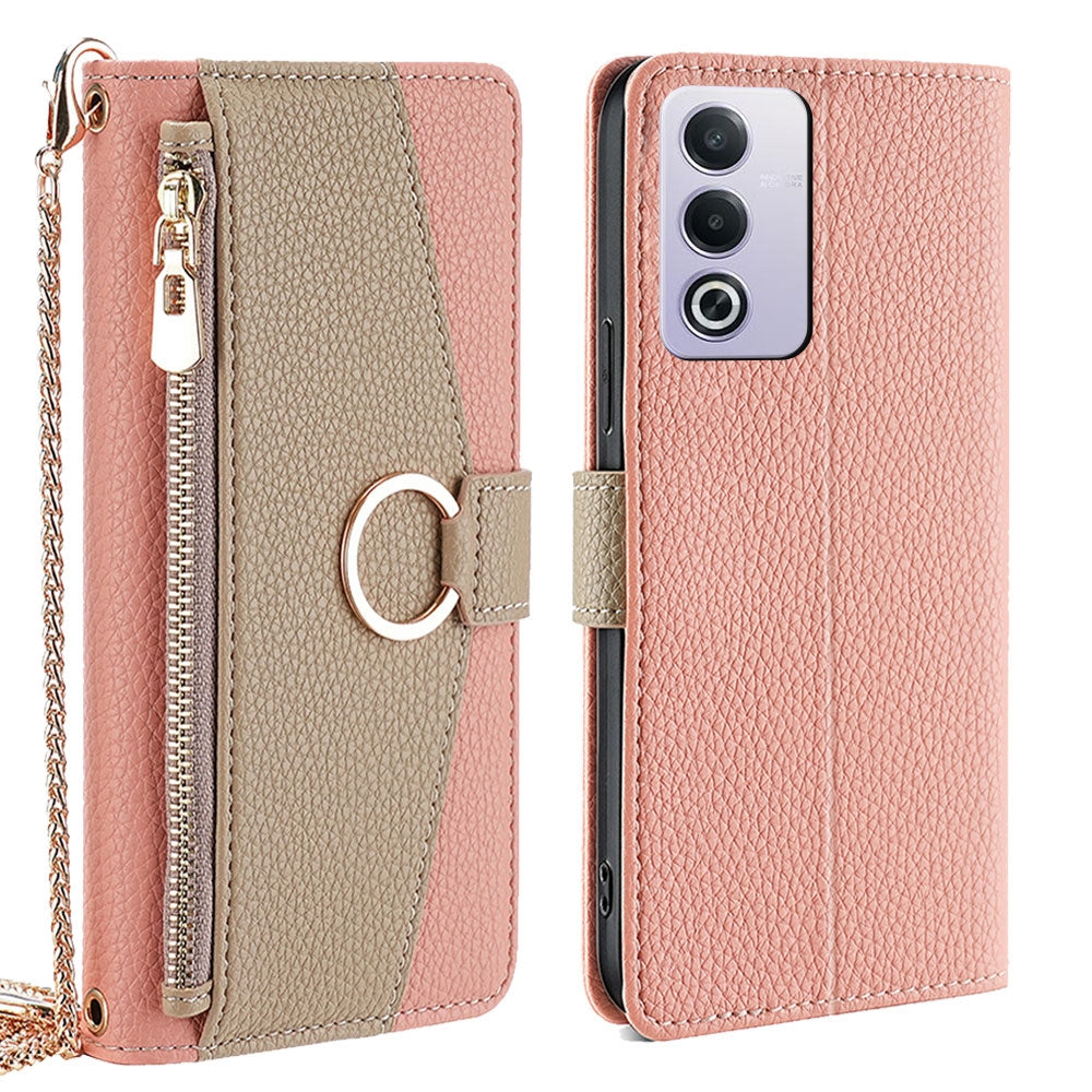 OPPO A3 Pro 5G India Crossbody Phone Case with Litchi Texture Leather, Adjustable Kickstand, Card Slots, Zipper Purse, Makeup Mirror, and TPU Protection