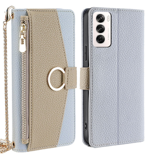 OPPO Reno12 5G Global Crossbody Phone Case with Litchi Texture Leather, Adjustable Kickstand, Card Slots, Zipper Purse, Makeup Mirror, and TPU Protection