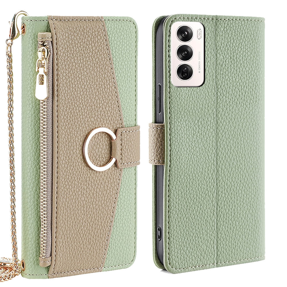 OPPO Reno12 5G Global Crossbody Phone Case with Litchi Texture Leather, Adjustable Kickstand, Card Slots, Zipper Purse, Makeup Mirror, and TPU Protection