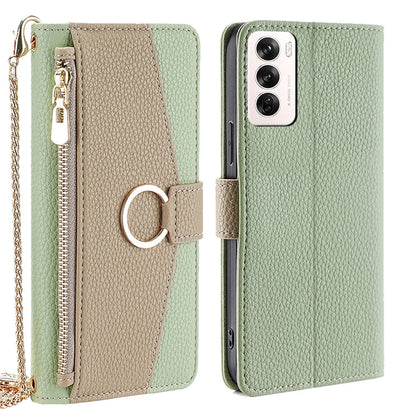 OPPO Reno12 5G Global Crossbody Phone Case with Litchi Texture Leather, Adjustable Kickstand, Card Slots, Zipper Purse, Makeup Mirror, and TPU Protection