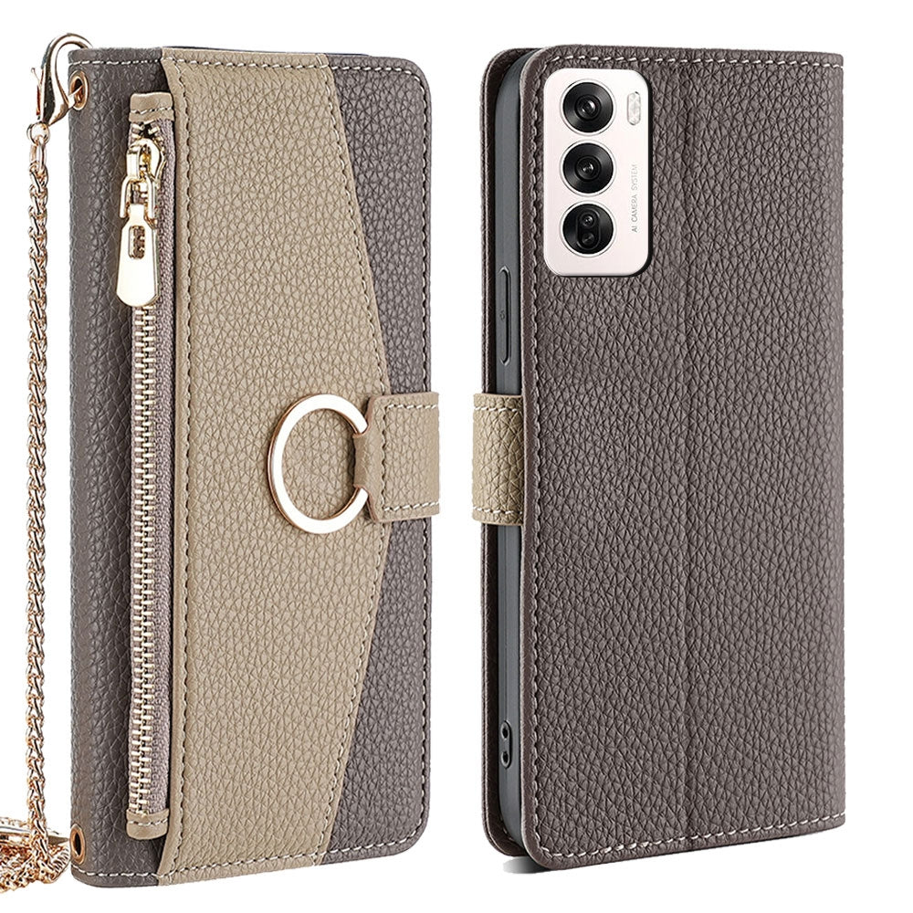 OPPO Reno12 5G Global Crossbody Phone Case with Litchi Texture Leather, Adjustable Kickstand, Card Slots, Zipper Purse, Makeup Mirror, and TPU Protection