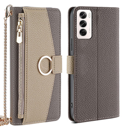 OPPO Reno12 5G Global Crossbody Phone Case with Litchi Texture Leather, Adjustable Kickstand, Card Slots, Zipper Purse, Makeup Mirror, and TPU Protection