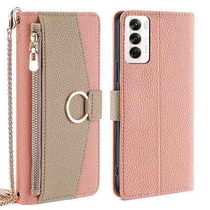 OPPO Reno12 5G Global Crossbody Phone Case with Litchi Texture Leather, Adjustable Kickstand, Card Slots, Zipper Purse, Makeup Mirror, and TPU Protection