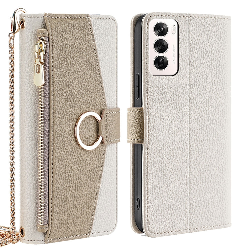 OPPO Reno12 5G Global Crossbody Phone Case with Litchi Texture Leather, Adjustable Kickstand, Card Slots, Zipper Purse, Makeup Mirror, and TPU Protection