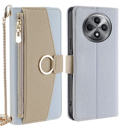 OPPO Reno12 F 5G Crossbody Phone Case with Litchi Texture Leather, Adjustable Kickstand, Card Slots, Zipper Purse, Makeup Mirror, and TPU Protection