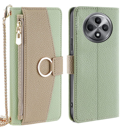 OPPO Reno12 F 5G Crossbody Phone Case with Litchi Texture Leather, Adjustable Kickstand, Card Slots, Zipper Purse, Makeup Mirror, and TPU Protection