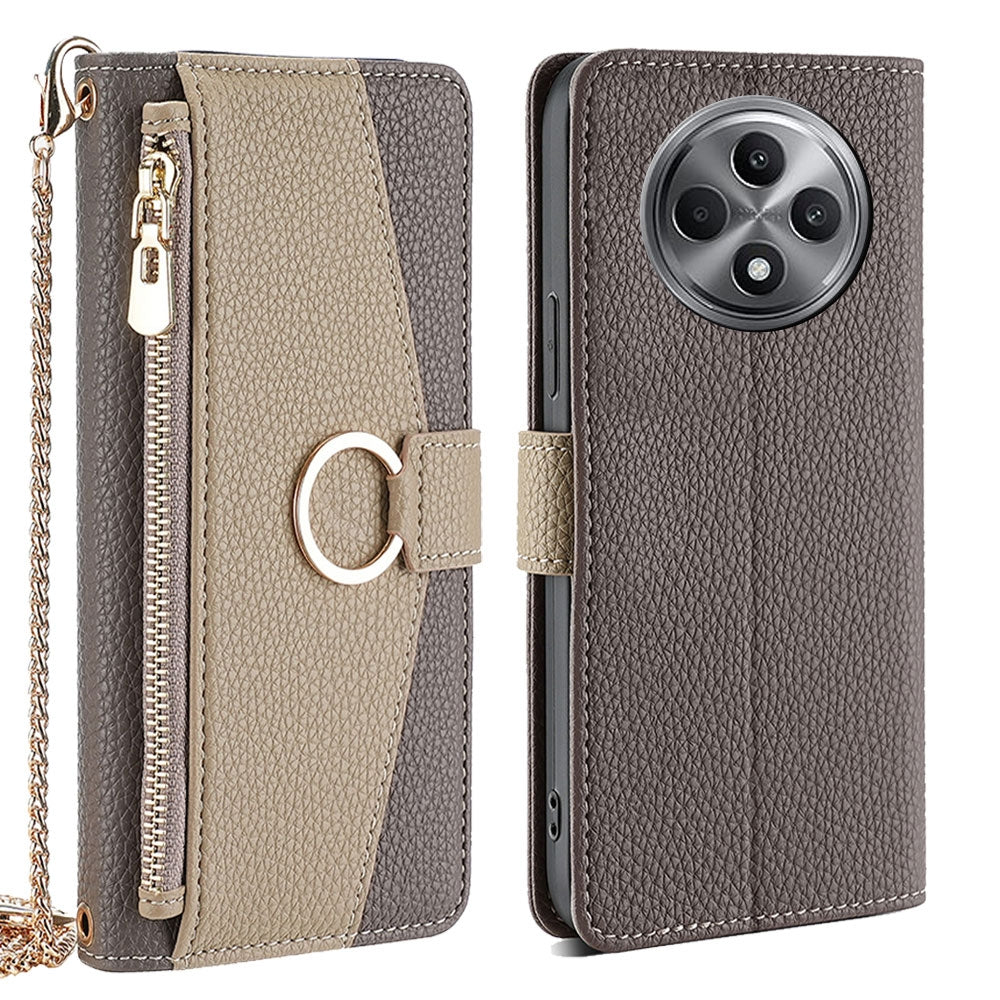 OPPO Reno12 F 5G Crossbody Phone Case with Litchi Texture Leather, Adjustable Kickstand, Card Slots, Zipper Purse, Makeup Mirror, and TPU Protection