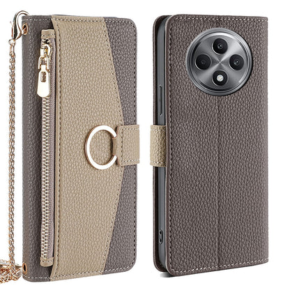 OPPO Reno12 F 5G Crossbody Phone Case with Litchi Texture Leather, Adjustable Kickstand, Card Slots, Zipper Purse, Makeup Mirror, and TPU Protection