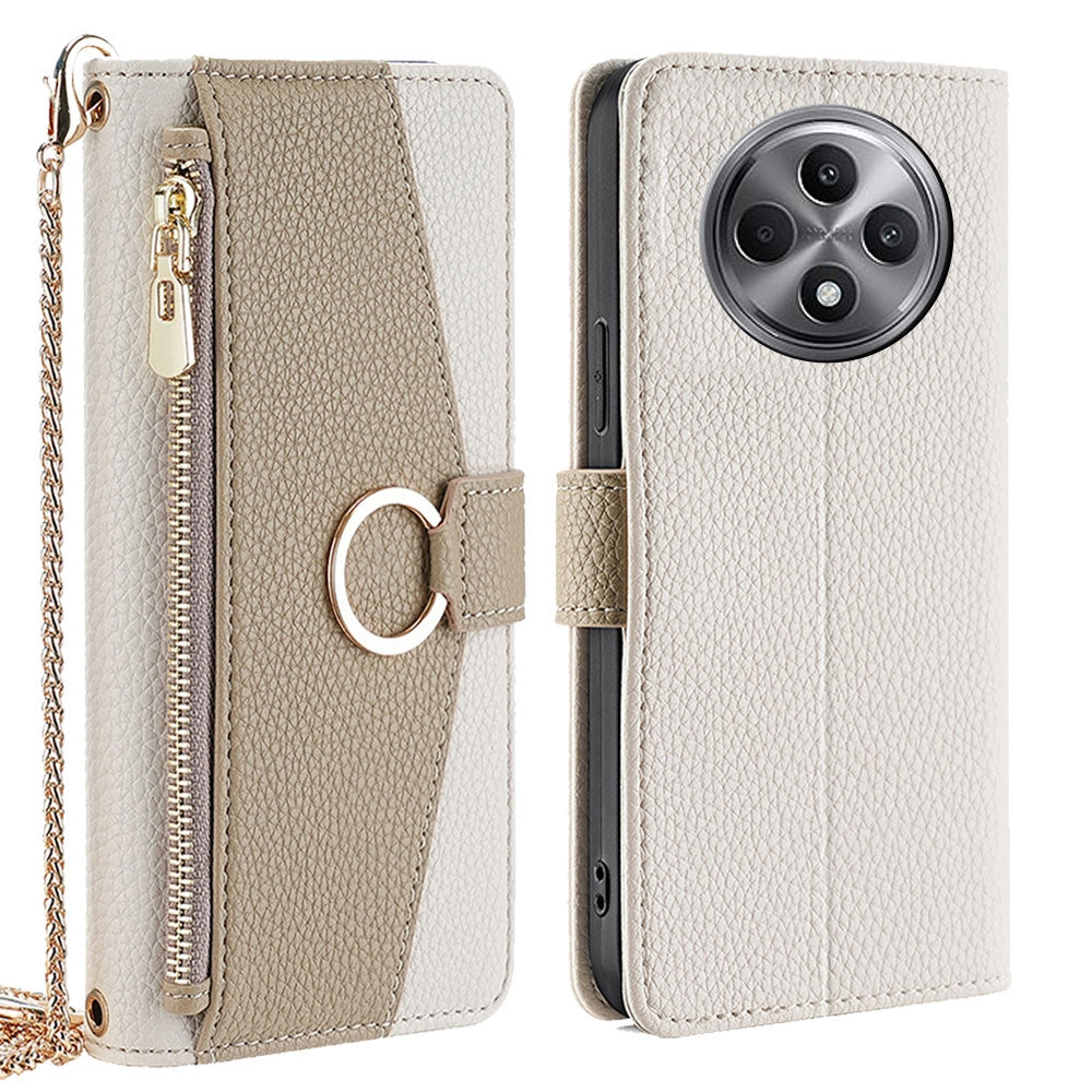 OPPO Reno12 F 5G Crossbody Phone Case with Litchi Texture Leather, Adjustable Kickstand, Card Slots, Zipper Purse, Makeup Mirror, and TPU Protection