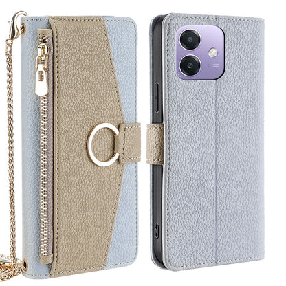 OPPO A3 5G India Crossbody Phone Case with Litchi Texture Leather, Adjustable Kickstand, Card Slots, Zipper Purse, Makeup Mirror, and TPU Protection