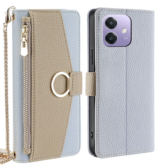 OPPO A3 5G India Crossbody Phone Case with Litchi Texture Leather, Adjustable Kickstand, Card Slots, Zipper Purse, Makeup Mirror, and TPU Protection