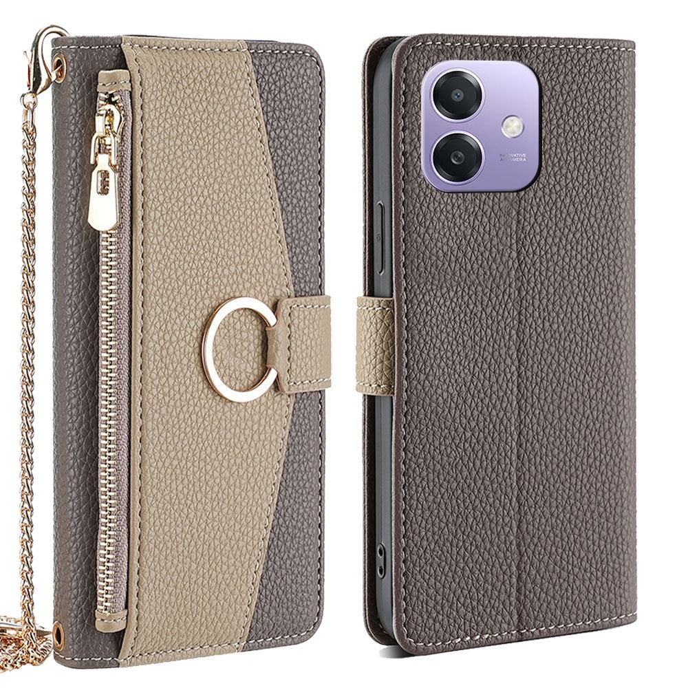 OPPO A3 5G India Crossbody Phone Case with Litchi Texture Leather, Adjustable Kickstand, Card Slots, Zipper Purse, Makeup Mirror, and TPU Protection