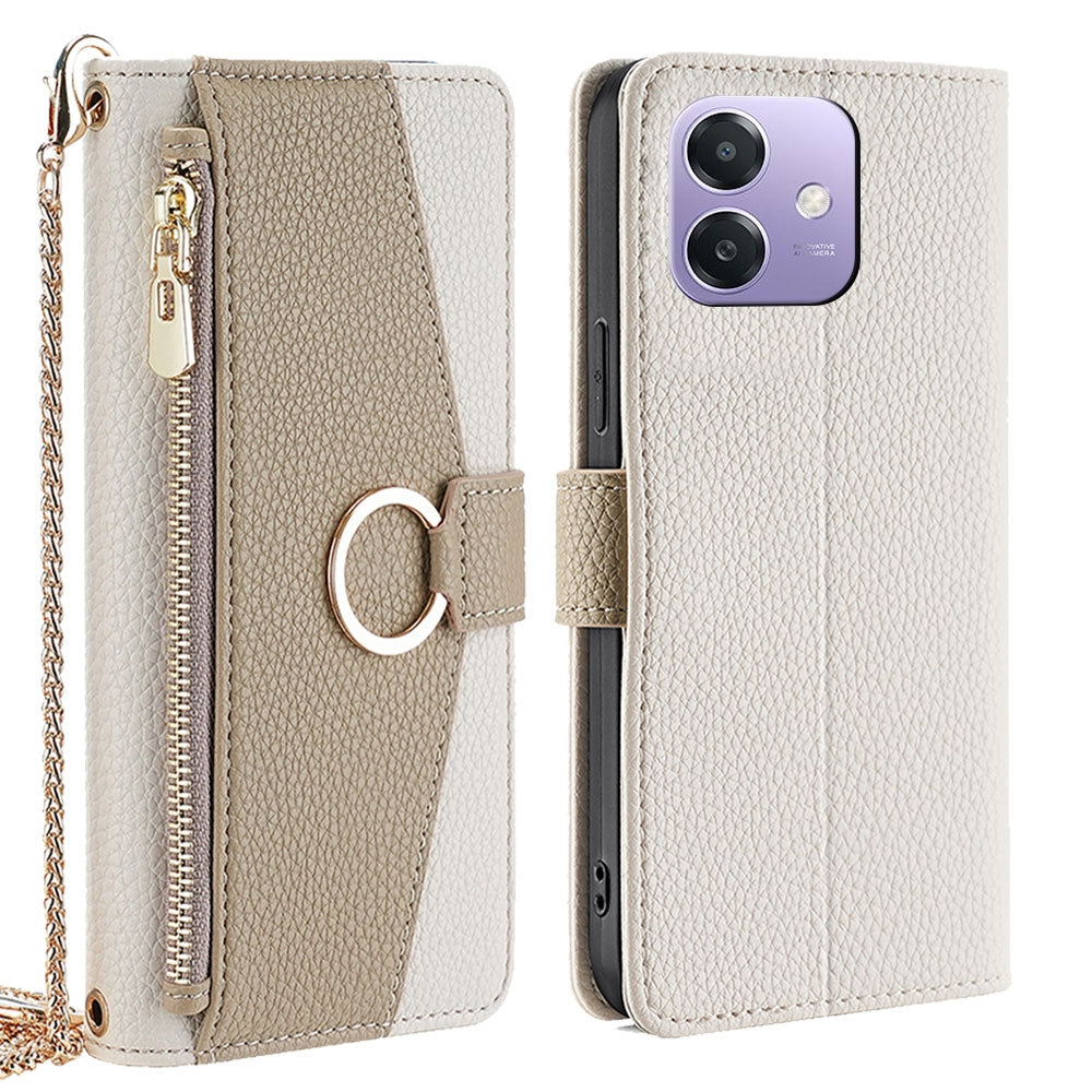 OPPO A3 5G India Crossbody Phone Case with Litchi Texture Leather, Adjustable Kickstand, Card Slots, Zipper Purse, Makeup Mirror, and TPU Protection