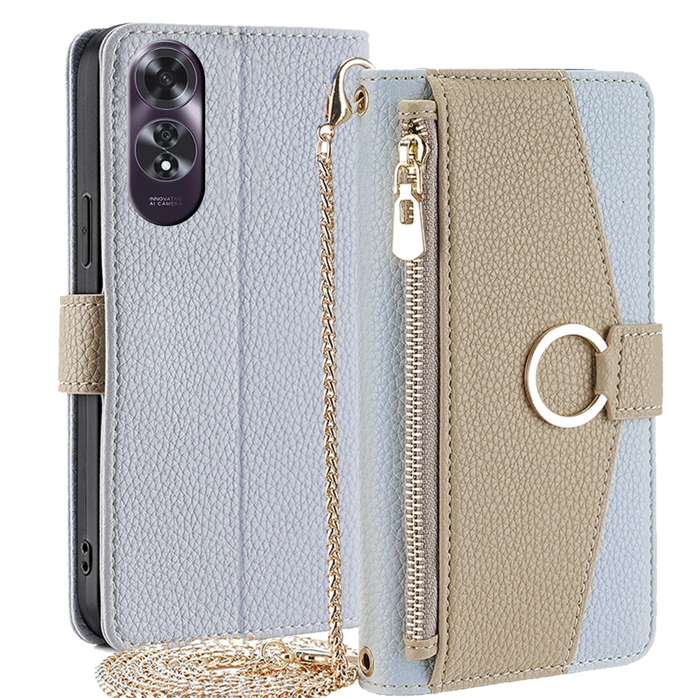 OPPO A60 4G Global Crossbody Phone Case with Litchi Texture Leather, Adjustable Kickstand, Card Slots, Zipper Purse, Makeup Mirror, and TPU Protection