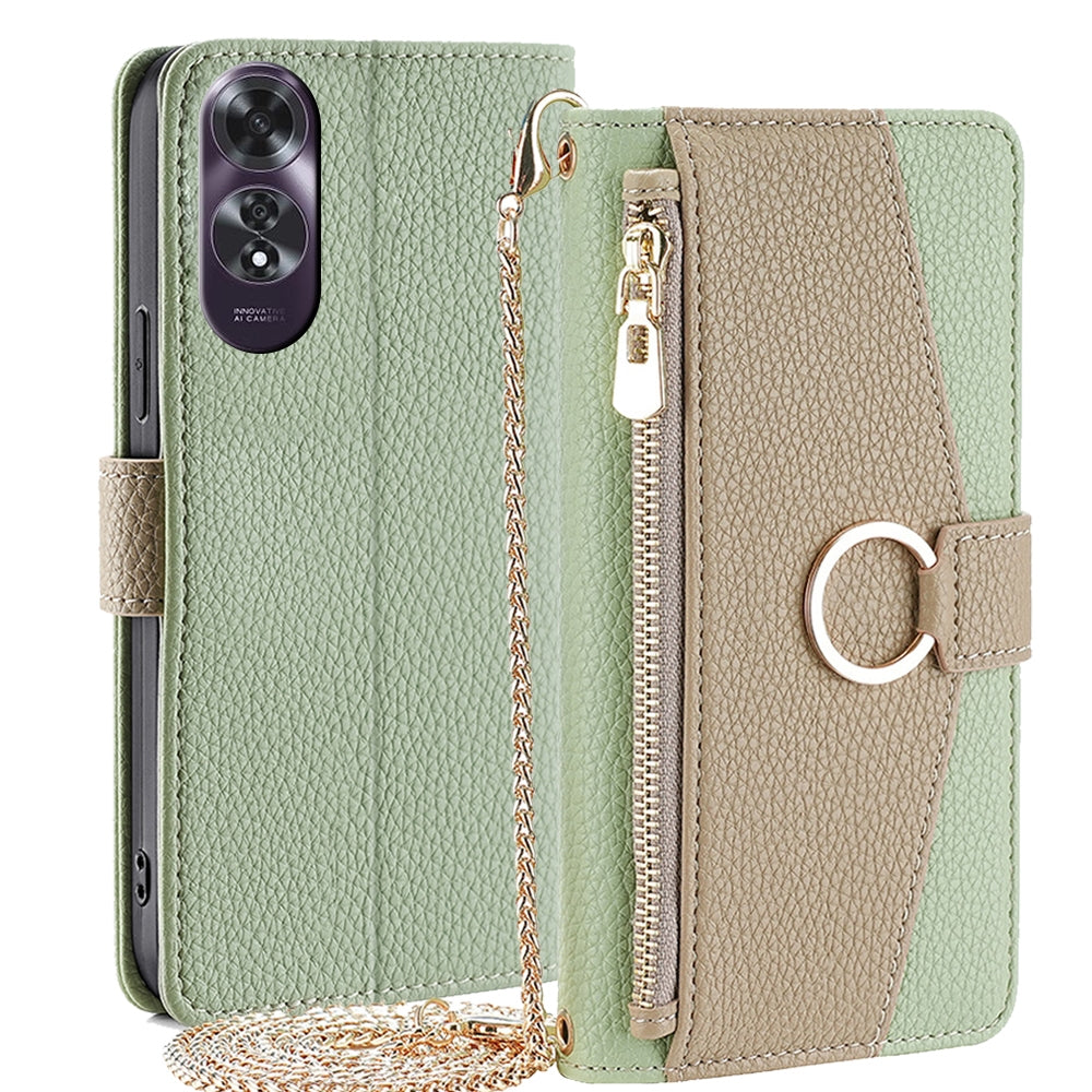 OPPO A60 4G Global Crossbody Phone Case with Litchi Texture Leather, Adjustable Kickstand, Card Slots, Zipper Purse, Makeup Mirror, and TPU Protection