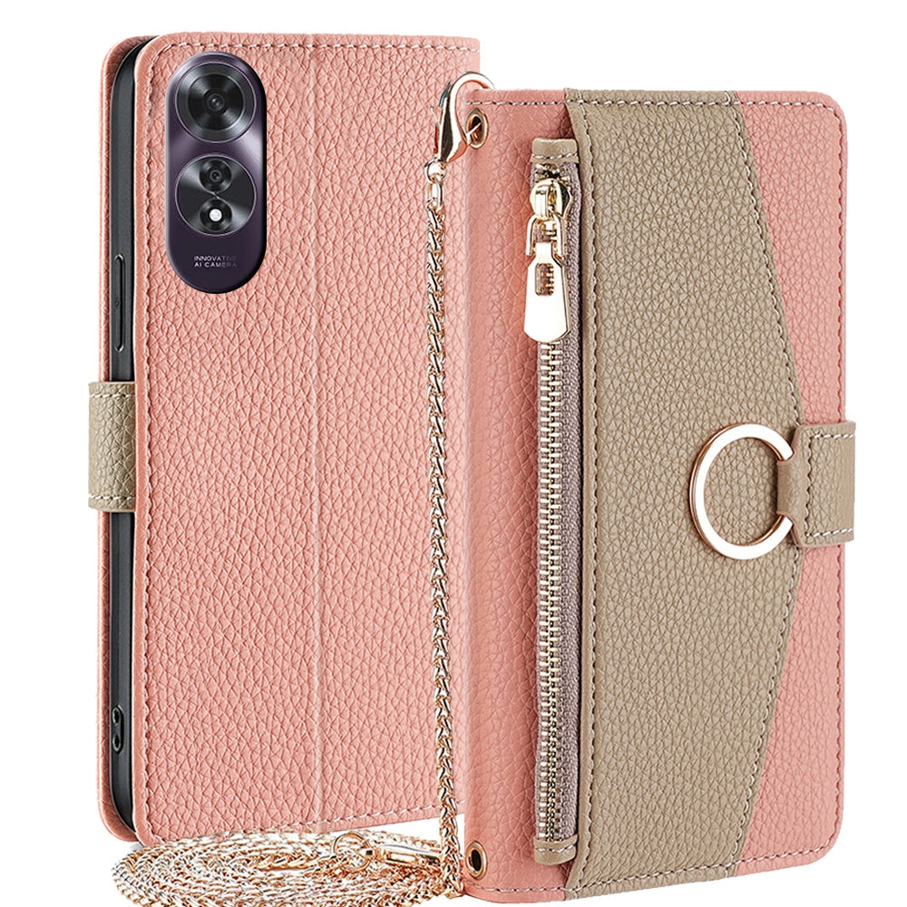 OPPO A60 4G Global Crossbody Phone Case with Litchi Texture Leather, Adjustable Kickstand, Card Slots, Zipper Purse, Makeup Mirror, and TPU Protection