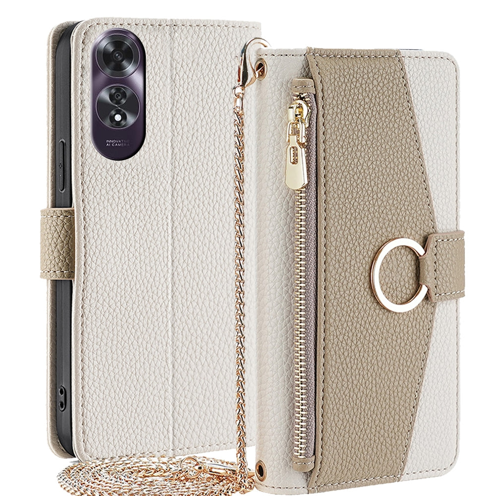 OPPO A60 4G Global Crossbody Phone Case with Litchi Texture Leather, Adjustable Kickstand, Card Slots, Zipper Purse, Makeup Mirror, and TPU Protection