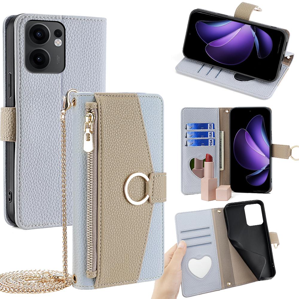 OPPO Reno13 F 4G/5G Crossbody Phone Case with Litchi Texture Leather, Adjustable Kickstand, Card Slots, Zipper Purse, Makeup Mirror, and TPU Protection