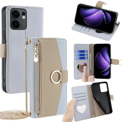 OPPO Reno13 F 4G/5G Crossbody Phone Case with Litchi Texture Leather, Adjustable Kickstand, Card Slots, Zipper Purse, Makeup Mirror, and TPU Protection