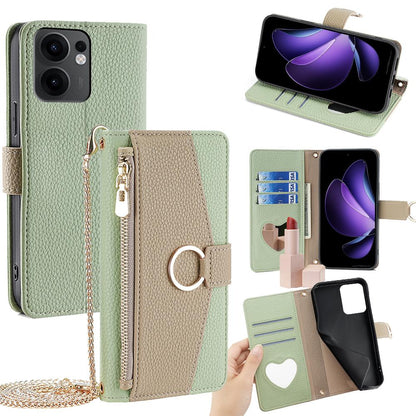 OPPO Reno13 F 4G/5G Crossbody Phone Case with Litchi Texture Leather, Adjustable Kickstand, Card Slots, Zipper Purse, Makeup Mirror, and TPU Protection
