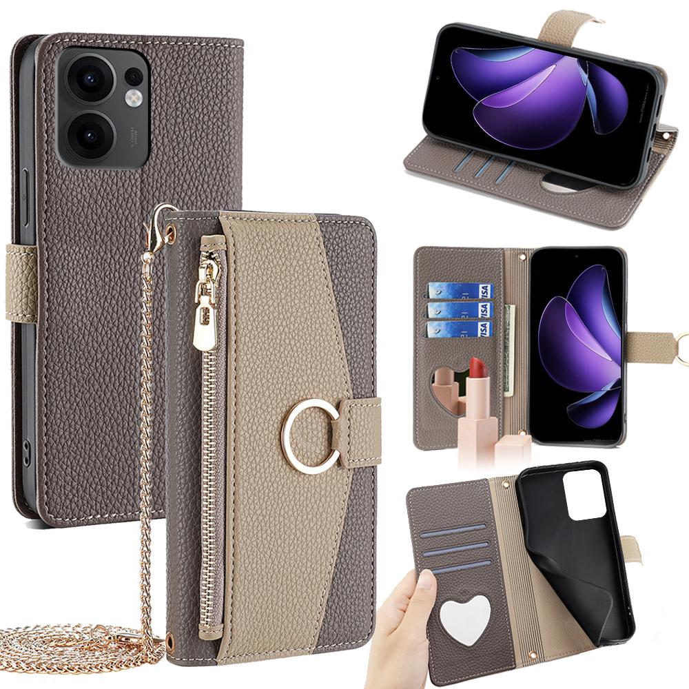 OPPO Reno13 F 4G/5G Crossbody Phone Case with Litchi Texture Leather, Adjustable Kickstand, Card Slots, Zipper Purse, Makeup Mirror, and TPU Protection