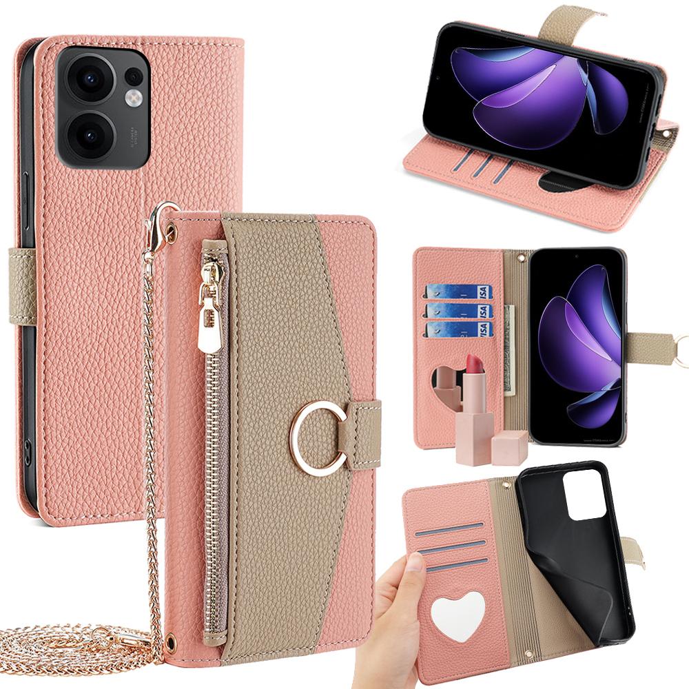 OPPO Reno13 F 4G/5G Crossbody Phone Case with Litchi Texture Leather, Adjustable Kickstand, Card Slots, Zipper Purse, Makeup Mirror, and TPU Protection