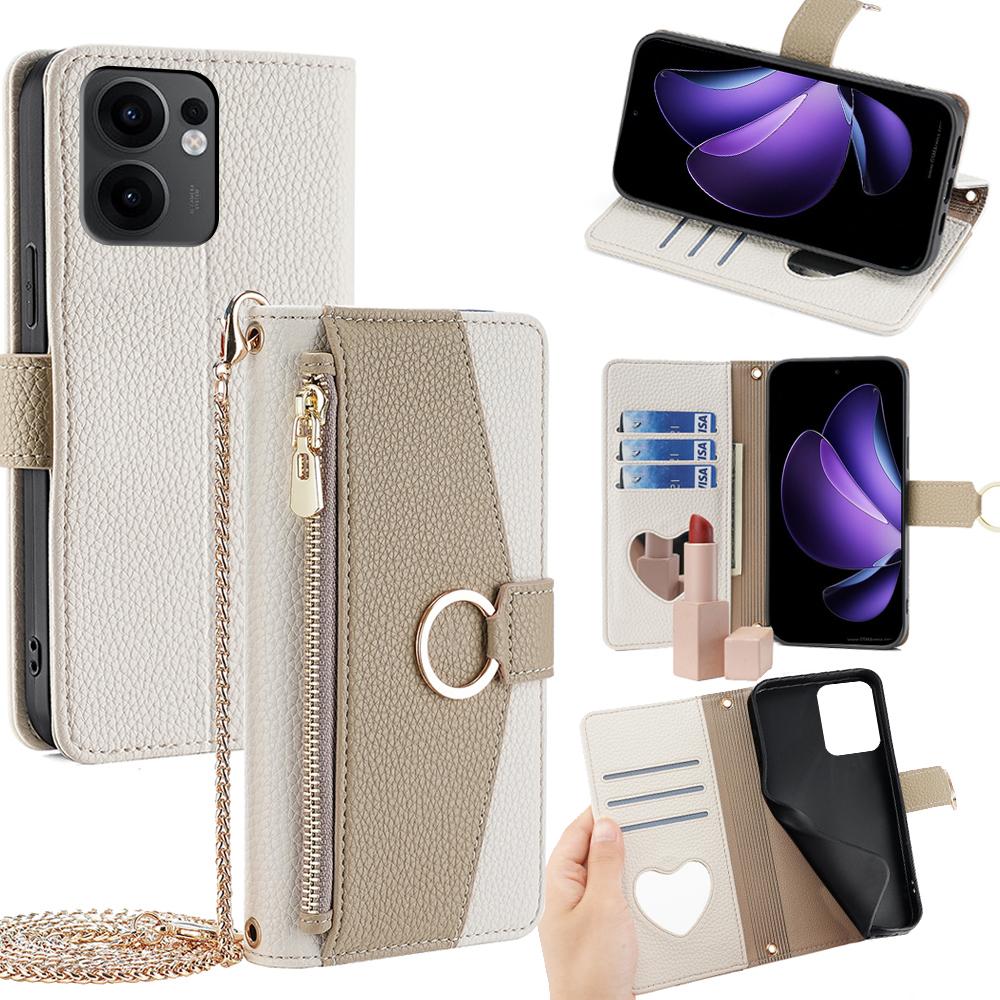 OPPO Reno13 F 4G/5G Crossbody Phone Case with Litchi Texture Leather, Adjustable Kickstand, Card Slots, Zipper Purse, Makeup Mirror, and TPU Protection