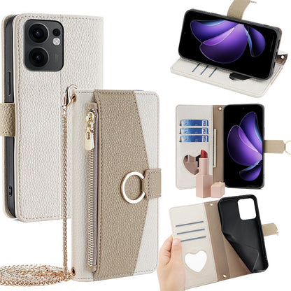 OPPO Reno13 F 4G/5G Crossbody Phone Case with Litchi Texture Leather, Adjustable Kickstand, Card Slots, Zipper Purse, Makeup Mirror, and TPU Protection