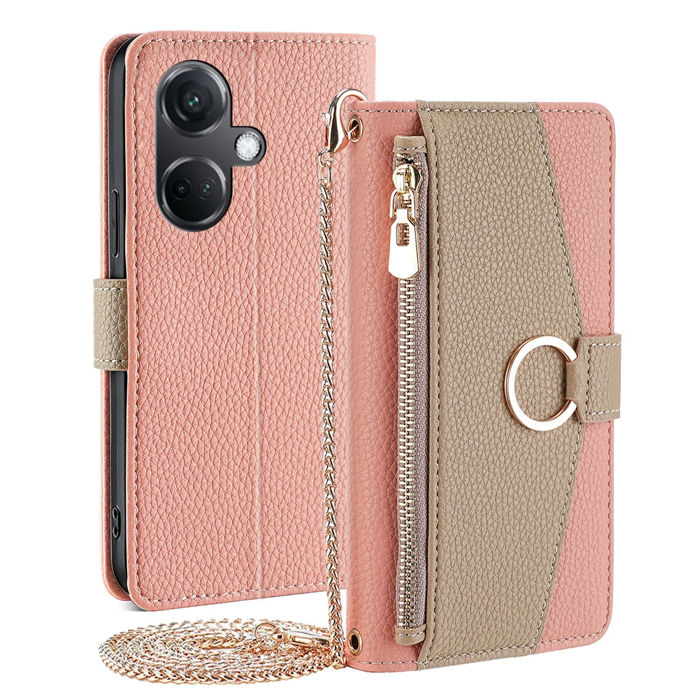 OnePlus Nord CE3 5G Crossbody Phone Case with Litchi Texture Leather, Adjustable Kickstand, Card Slots, Zipper Purse, Makeup Mirror, and TPU Protection