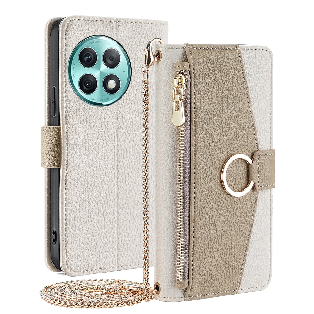 OnePlus Ace 2 Pro Crossbody Phone Case with Litchi Texture Leather, Adjustable Kickstand, Card Slots, Zipper Purse, Makeup Mirror, and TPU Protection