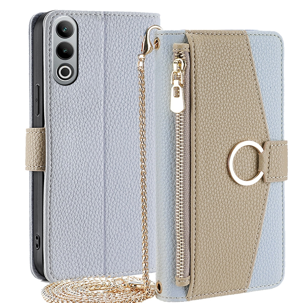 OnePlus Nord CE4 Crossbody Phone Case with Litchi Texture Leather, Adjustable Kickstand, Card Slots, Zipper Purse, Makeup Mirror, and TPU Protection