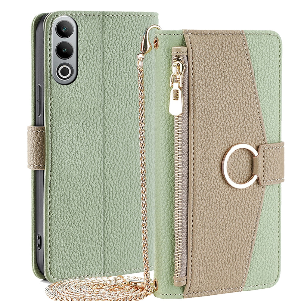 OnePlus Nord CE4 Crossbody Phone Case with Litchi Texture Leather, Adjustable Kickstand, Card Slots, Zipper Purse, Makeup Mirror, and TPU Protection