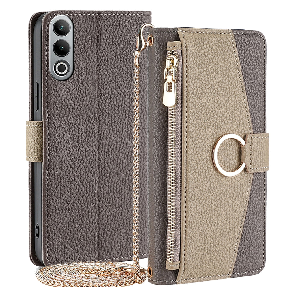 OnePlus Nord CE4 Crossbody Phone Case with Litchi Texture Leather, Adjustable Kickstand, Card Slots, Zipper Purse, Makeup Mirror, and TPU Protection
