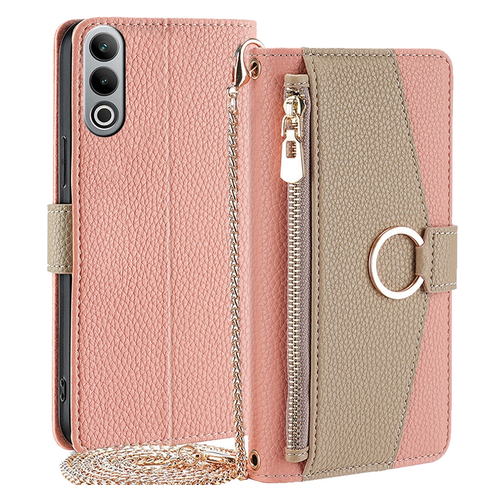 OnePlus Nord CE4 Crossbody Phone Case with Litchi Texture Leather, Adjustable Kickstand, Card Slots, Zipper Purse, Makeup Mirror, and TPU Protection
