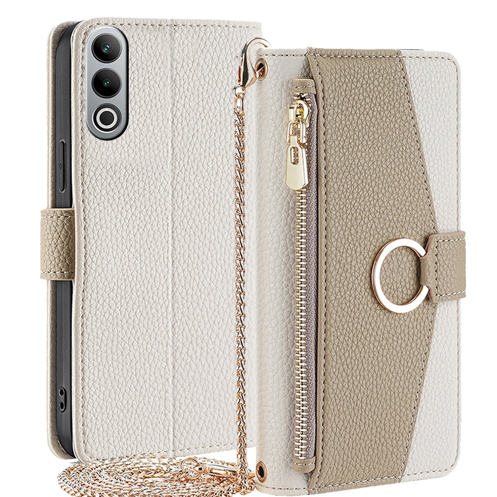 OnePlus Nord CE4 Crossbody Phone Case with Litchi Texture Leather, Adjustable Kickstand, Card Slots, Zipper Purse, Makeup Mirror, and TPU Protection