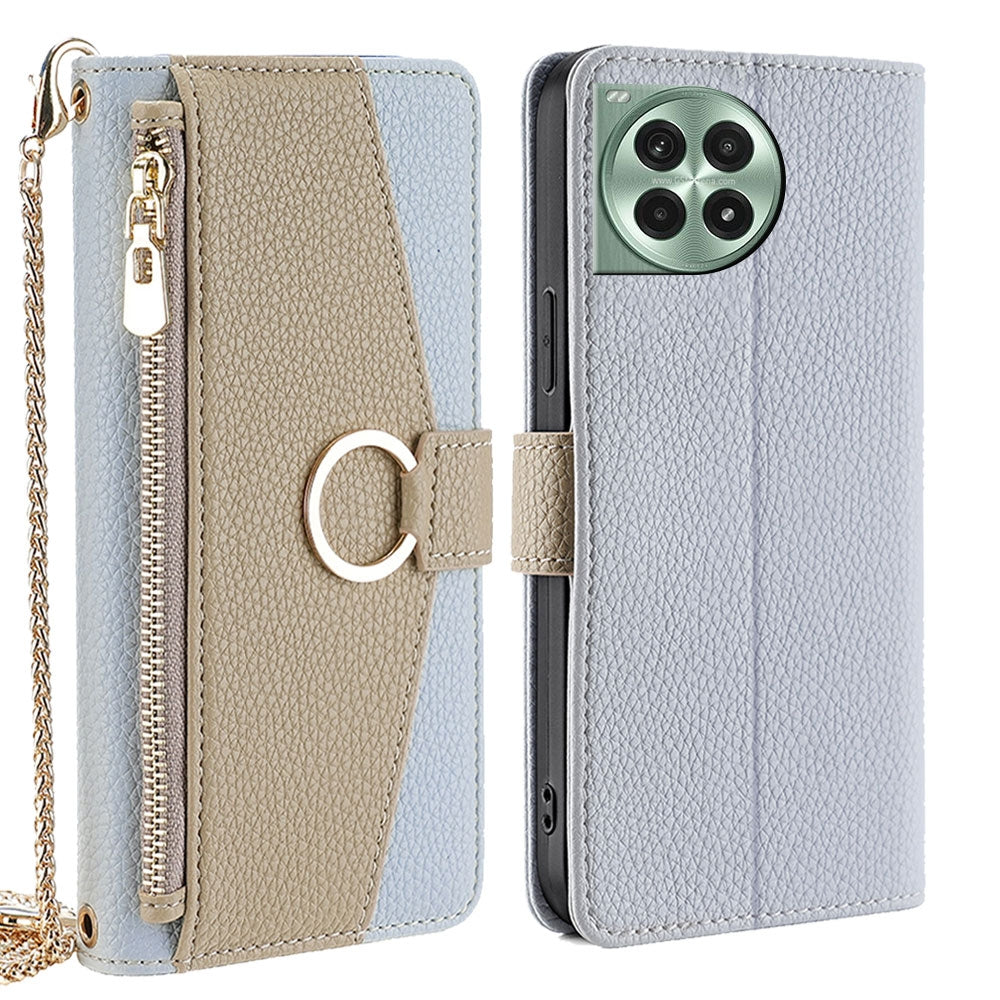 OnePlus Ace 3 Pro 5G Crossbody Phone Case with Litchi Texture Leather, Adjustable Kickstand, Card Slots, Zipper Purse, Makeup Mirror, and TPU Protection