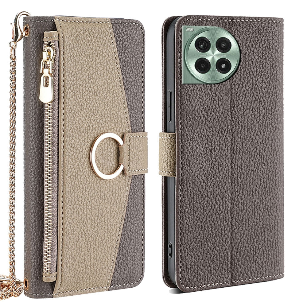 OnePlus Ace 3 Pro 5G Crossbody Phone Case with Litchi Texture Leather, Adjustable Kickstand, Card Slots, Zipper Purse, Makeup Mirror, and TPU Protection