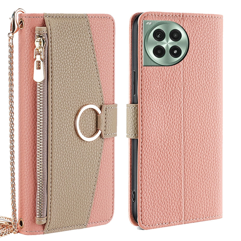 OnePlus Ace 3 Pro 5G Crossbody Phone Case with Litchi Texture Leather, Adjustable Kickstand, Card Slots, Zipper Purse, Makeup Mirror, and TPU Protection