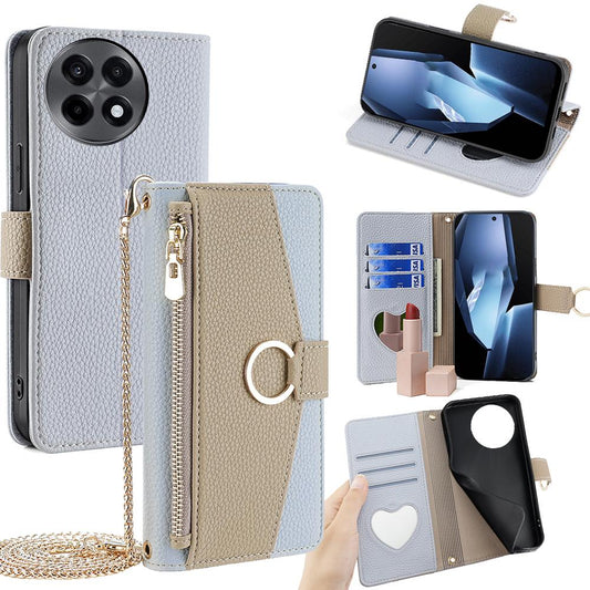OnePlus Ace 5/Ace 5 Pro Crossbody Phone Case with Litchi Texture Leather, Adjustable Kickstand, Card Slots, Zipper Purse, Makeup Mirror, and TPU Protection