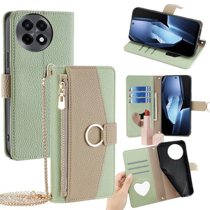 OnePlus Ace 5/Ace 5 Pro Crossbody Phone Case with Litchi Texture Leather, Adjustable Kickstand, Card Slots, Zipper Purse, Makeup Mirror, and TPU Protection