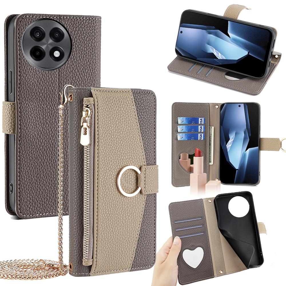 OnePlus Ace 5/Ace 5 Pro Crossbody Phone Case with Litchi Texture Leather, Adjustable Kickstand, Card Slots, Zipper Purse, Makeup Mirror, and TPU Protection