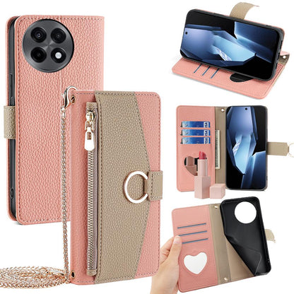 OnePlus Ace 5/Ace 5 Pro Crossbody Phone Case with Litchi Texture Leather, Adjustable Kickstand, Card Slots, Zipper Purse, Makeup Mirror, and TPU Protection