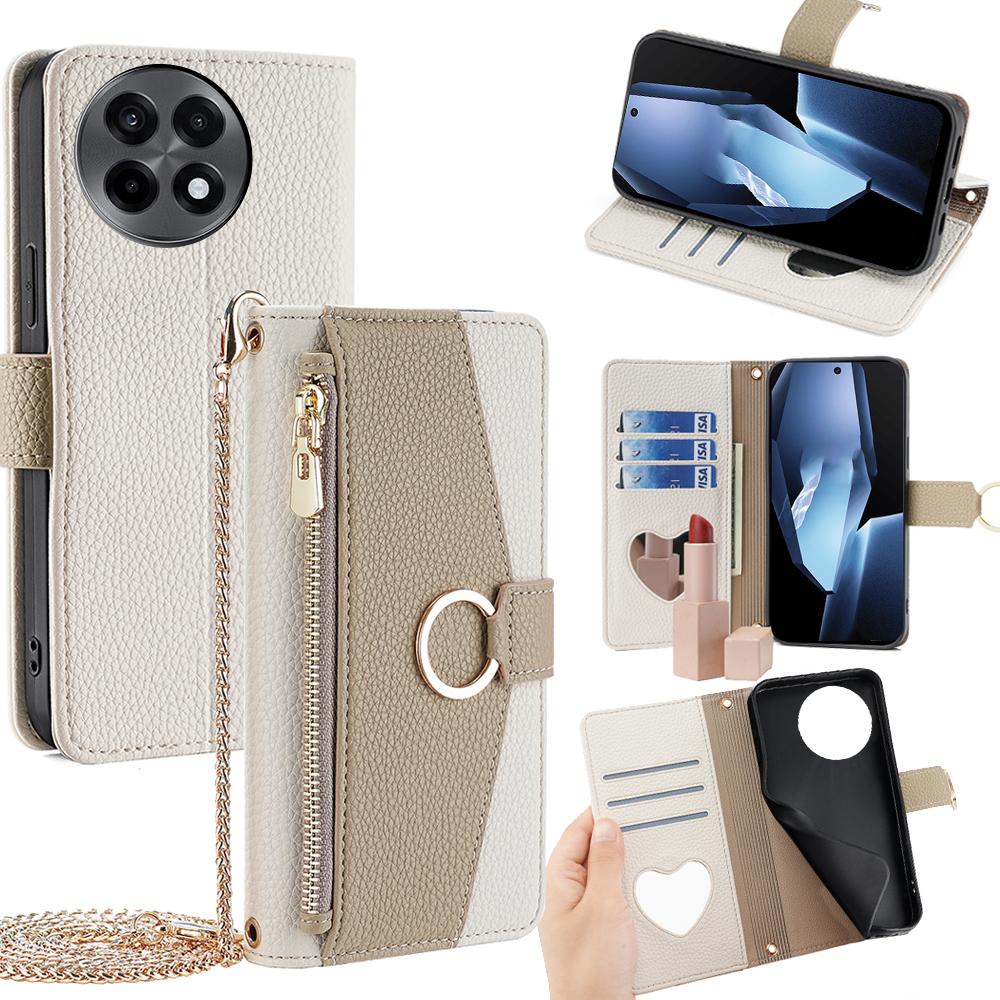 OnePlus Ace 5/Ace 5 Pro Crossbody Phone Case with Litchi Texture Leather, Adjustable Kickstand, Card Slots, Zipper Purse, Makeup Mirror, and TPU Protection