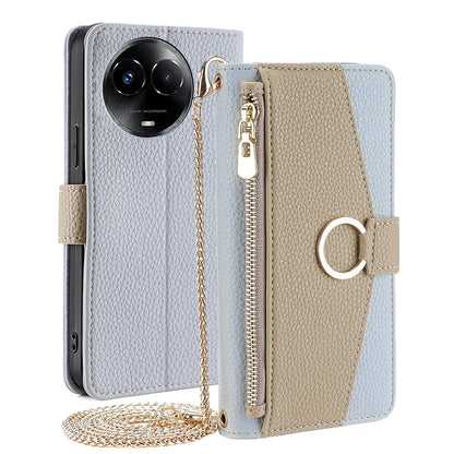Realme 11 5G Global Crossbody Phone Case with Litchi Texture Leather, Adjustable Kickstand, Card Slots, Zipper Purse, Makeup Mirror, and TPU Protection