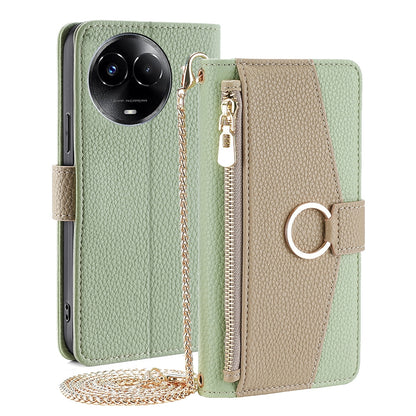 Realme 11 5G Global Crossbody Phone Case with Litchi Texture Leather, Adjustable Kickstand, Card Slots, Zipper Purse, Makeup Mirror, and TPU Protection